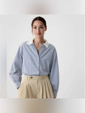 Gap × DÔEN organic cotton eyelet big shirt in blue stripe size large *has flaw*